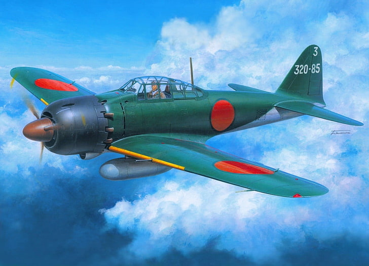เหยื่อตกปลาสีเขียวและเหลืองญี่ปุ่นสงครามโลกครั้งที่ 2 ศูนย์มิตซูบิชิเครื่องบินทหารเครื่องบินทหารเครื่องบินญี่ปุ่นอาร์ตเวิร์ค, วอลล์เปเปอร์ HD