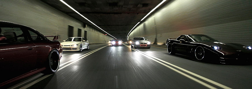 кола, тунел, Nissan Silvia S14, Nissan Skyline GT-R R34, Chevrolet Corvette, JDM, HD тапет HD wallpaper