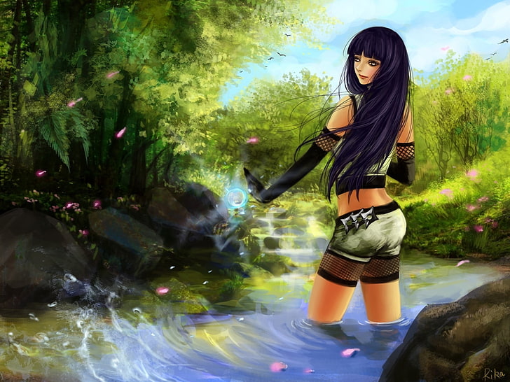 purple haired female anime character illustration, forest, water, girl, river, stones, magic, petals, art, RikaMello, NARUTO, Hyuga Hinata, HD wallpaper
