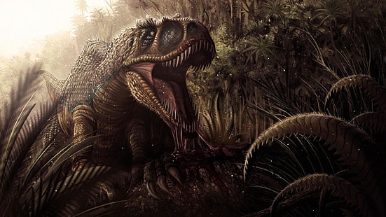 тиранозавр рекс, т-рекс, джунгли, рев, динозавры, HD обои HD wallpaper