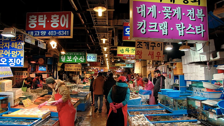 Corea Seúl ciudad paisaje fotografía fondo de pantalla 10, blanco y rosa señalización kanji, Fondo de pantalla HD