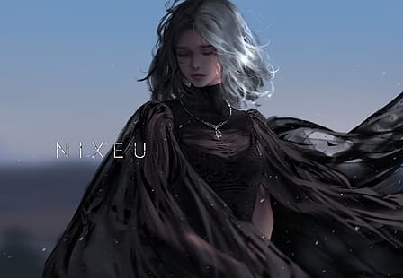 Nixeu, рисунок, женщины, закрытые глаза, черная одежда, ожерелье, небо, HD обои HD wallpaper