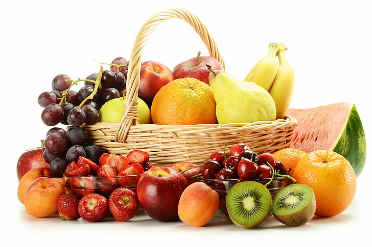 berries, apples, oranges, watermelon, kiwi, strawberry, grapes, bananas, fruit, basket, pear, cherry, apricots, HD wallpaper