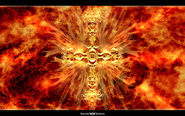 перекрестный злой дизайн Cross In Hell Abstract 3D и CG HD Art, Photoshop, крест, пламя, злой дизайн, адский пейзаж, дизайн Ричарда Сабатини, HD обои