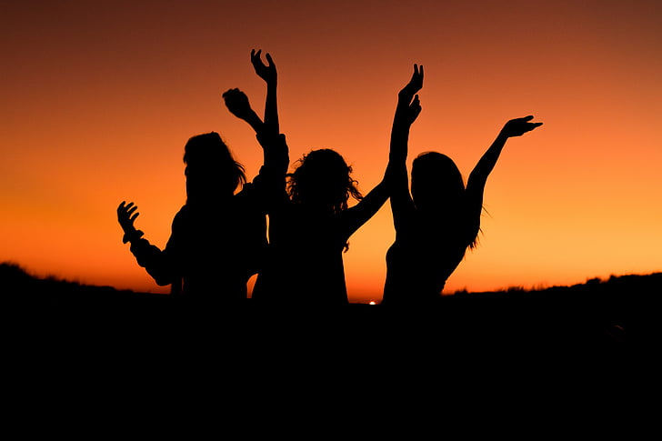 silhouette photo of three women raising their hands, Girls, Sunset, Joy, Happy, Mood, Silhouette, 5K, HD wallpaper
