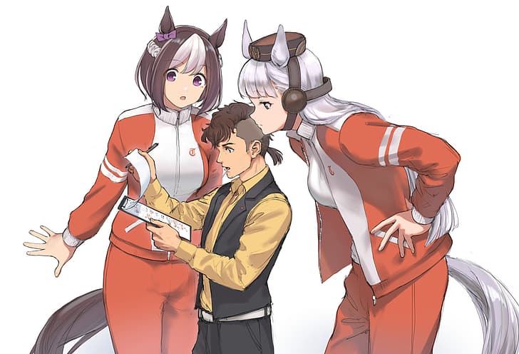 Uma Musume Pretty Derby, gym clothes, arched back, big boobs, open jacket, animal ears, tail, bicolored hair, french braid, hands on hips, open mouth, anime boys, anime girls, purple eyes, silver hair, brunette, white hair, brown eyes, bangs, Gold Ship (Uma Musume), Special Week (Uma Musume), short hair, long hair, notebooks, ear muffs, alternate reality, 2D, anime, simple background, yellow t-shirt, white shirt, horse girls, red pants, fan art, artwork, HD wallpaper