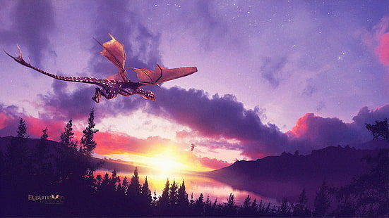  digital, digital art, artwork, fantasy art, lake, dragon, Photoshop, photography, Photorealism, photo manipulation, photomontage, Ellysiumn, forest, trees, water, sea, mountains, flying, clouds, sky, skyscape, landscape, outdoors, Sun, sunset, sunrise, sun rays, evening, dusk, Matte painting, wings, fictional, fictional creatures, creature, dreamscape, surreal, HD wallpaper HD wallpaper