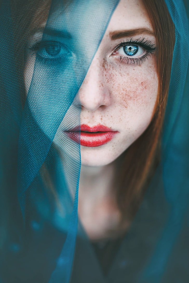 женщины, голубые глаза, рыжая, вуаль, HD обои, телефон обои