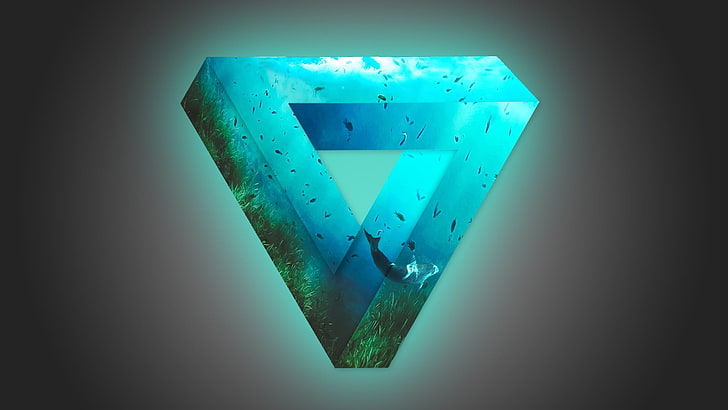 papel tapiz verde azulado, degradado suave, triángulo, brillante, pez, Photoshop, ballena, triángulo de Penrose, bajo el agua, ilusión óptica, cian, simple, Fondo de pantalla HD