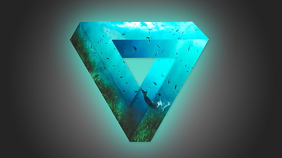 бирюзовые обои, мягкий градиент, треугольник, светящийся, рыба, фотошоп, кит, треугольник Пенроуза, подводный мир, оптическая иллюзия, голубой, простой, HD обои HD wallpaper