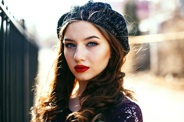women, face, portrait, red lipstick, redhead, hat, millinery, blue eyes, makeup, HD wallpaper