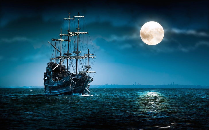 Луна, море, ночь, парусник, фэнтези-арт, HD обои