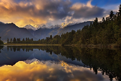 trees, landscape, lake, New Zealand, Lake Matheson, Fox Glacier, HD wallpaper HD wallpaper