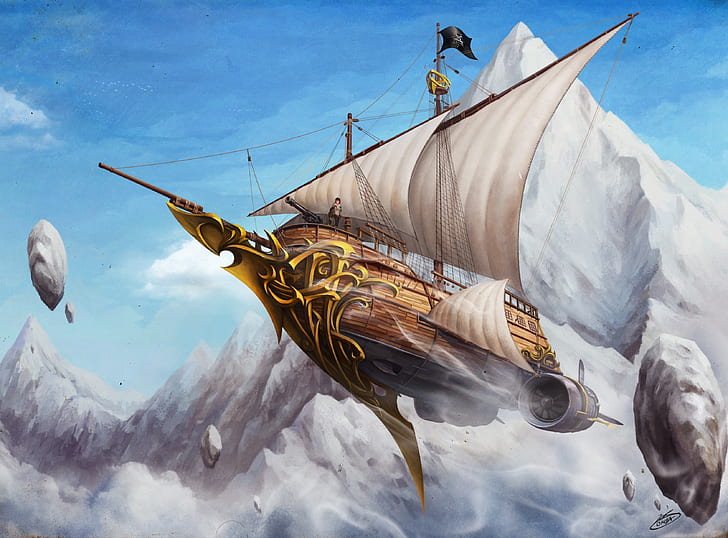 горы летающие корабли в стиле стимпанк скалы научная фантастика природа горы HD арт, полет, горы, HD обои
