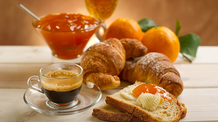 chleb croissant, tosty, pieczywo, kawa, dżem, pomarańcza, Tapety HD
