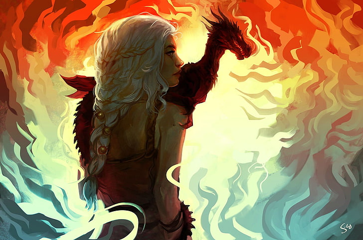 Игра на тронове Daenerys Targaryen живопис, Game of Thrones, Daenerys Targaryen, произведения на изкуството, фен арт, дракон, фентъзи момиче, фентъзи изкуство, HD тапет