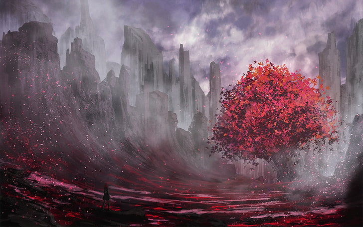 붉은 잎이 나무 그림, 나무, 빨강, 판타지 아트, 풍경, HD 배경 화면