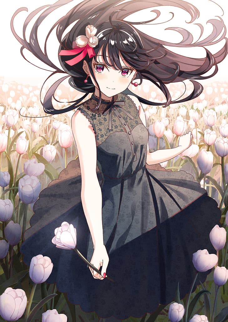 komizuki, black dress, nail polish, rose, ribbon, long hair, looking at viewer, HD wallpaper