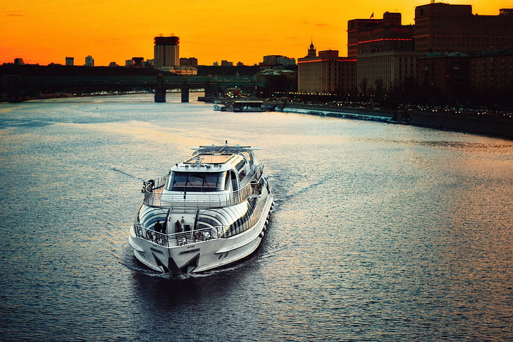 Cities, Moscow, Boat, City, Evening, River, Russia, Ship, Sunset, HD wallpaper