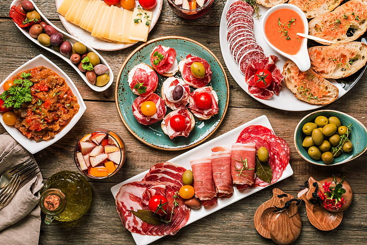 Frühstück, Käse, Fleisch, Tomate, Oliven, Wurst, Speck, Schinken, HD-Hintergrundbild