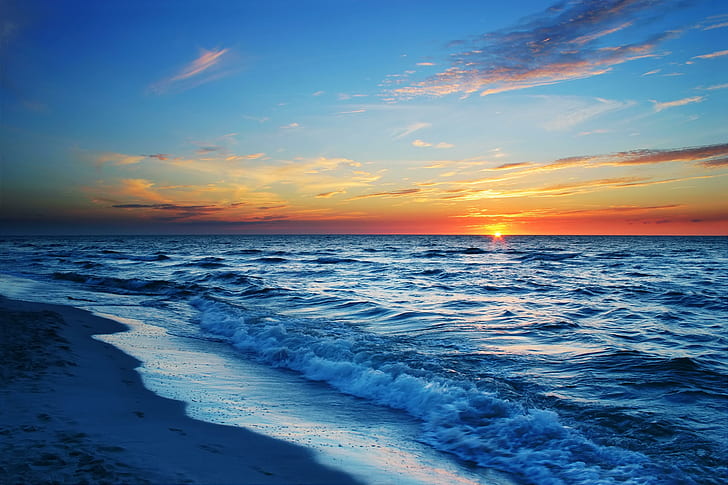 laut, pantai, malam, matahari, matahari terbenam, pantai, malam, matahari terbenam, Wallpaper HD