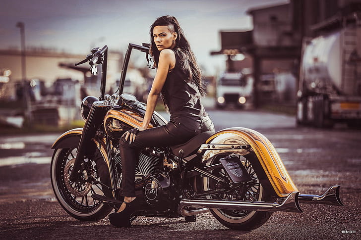 Мотоциклети, момичета и мотоциклети, персонализирани мотоциклети, Harley-Davidson, Thunderbike Customs, Woman, HD тапет