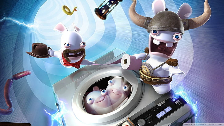 четыре белых персонажа из мультфильма 3D обои, кролики, видеоигры, произведение искусства, HD обои