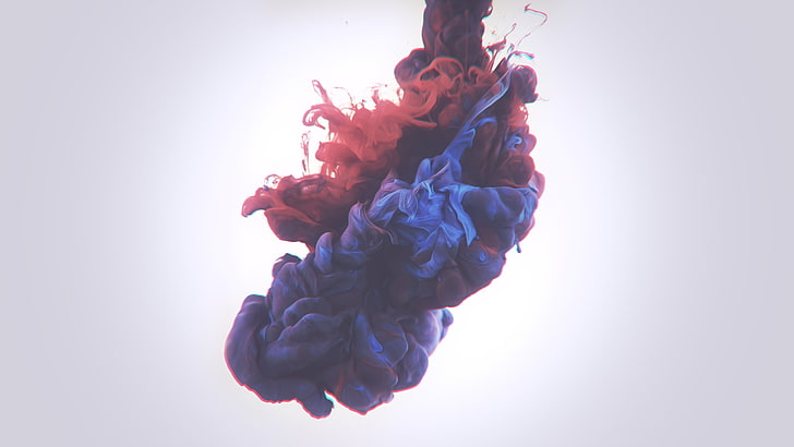 파랑, 검정 및 빨강 페인트, 잉크, 심장, Alberto Seveso, 물에 페인트, 디지털 아트, 간단한 배경, 액체, HD 배경 화면