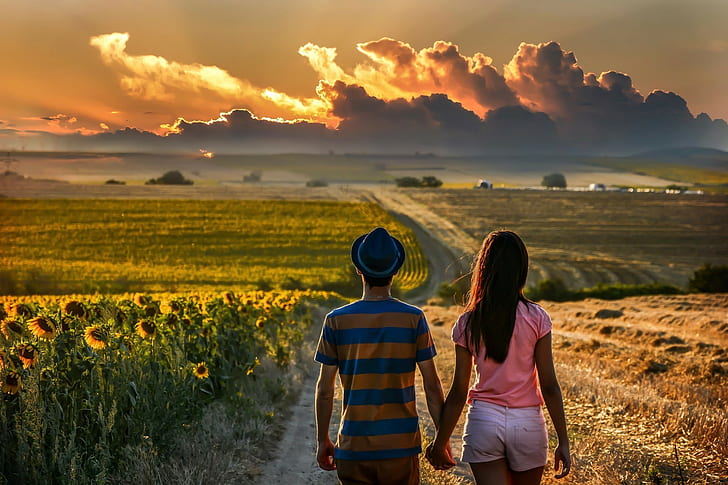 couple holding hands road field back clouds sunflowers, HD wallpaper