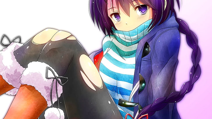 anime, anime girls, Watarui, torn pantyhose, original characters, braids, purple hair, HD wallpaper