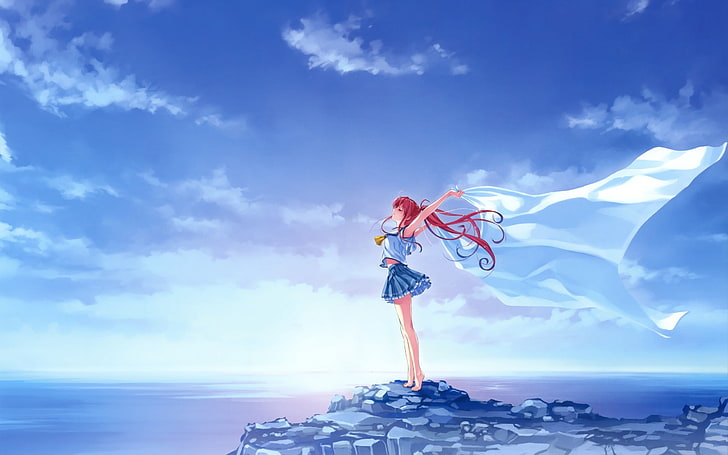 female anime character in crop top and mini skirt, beach, landscape, sky, clouds, sea, Deep Blue Sky and Pure White Wings, HD wallpaper