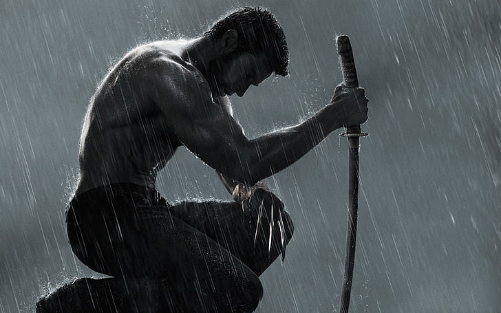 Fondo de pantalla de la película The Wolverine, lluvia, espada, sentado, The Wolverine, garras de acero, Wolverine: The Immortal, Fondo de pantalla HD