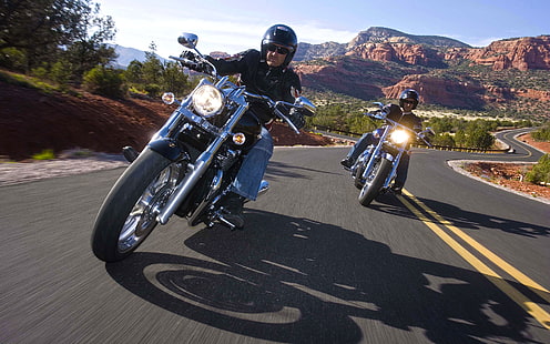 два черных стандартных мотоцикла, дорожный, мотоцикл, Harley-Davidson, HD обои HD wallpaper