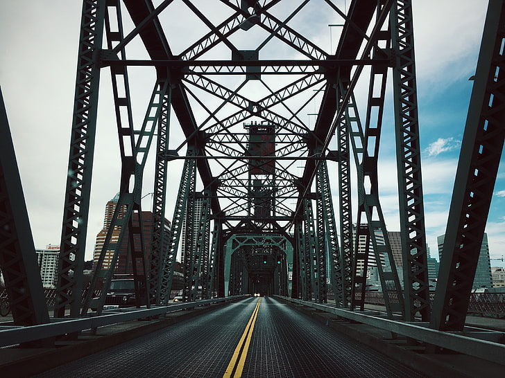 gray metal bridge trusses, bridge, construction, road, HD wallpaper