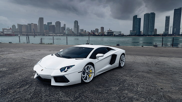 white coupe, car, Lamborghini, Lamborghini Aventador, HD wallpaper