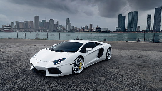 white coupe, car, Lamborghini, Lamborghini Aventador, HD wallpaper HD wallpaper
