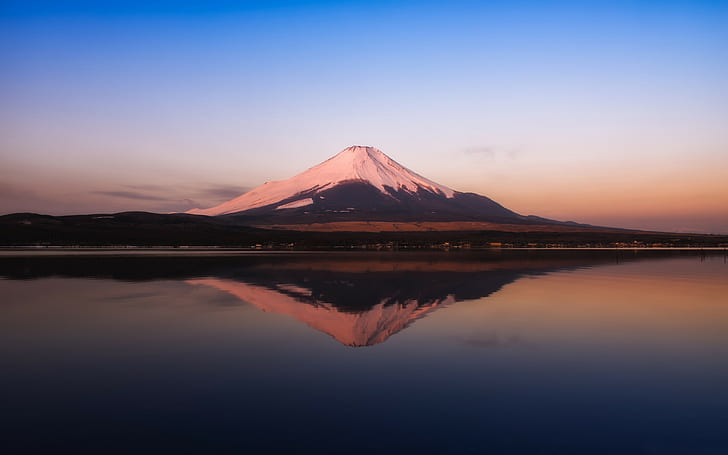 landscape, Mount Fuji, lake, volcano, sunset, snowy peak, HD wallpaper