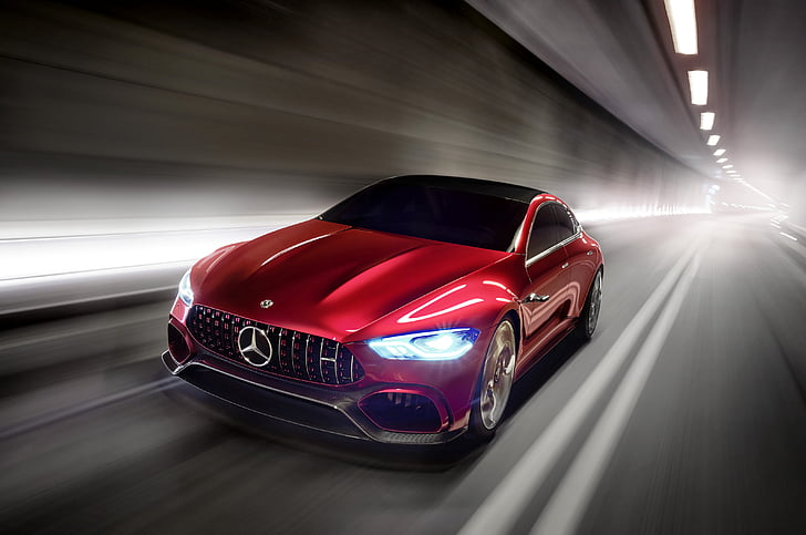 red Mercedes-Benz sedan cruising inside tunnel, Mercedes-AMG GT, Geneva Motor Show, 2017, 4K, HD wallpaper
