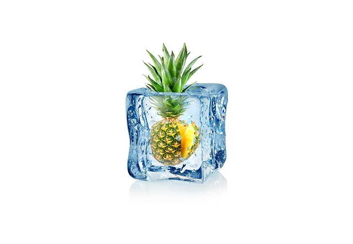 pineapple in glass cube illustration, minimalism, white background, fruit, digital art, ice cubes, pineapples, leaves, water drops, HD wallpaper