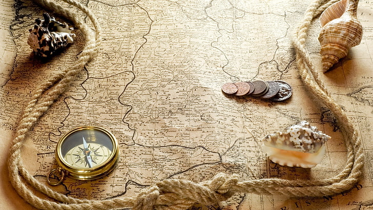 old map, rope, compass, coins, Others, HD wallpaper