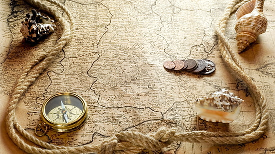 old map, rope, compass, coins, Others, HD wallpaper HD wallpaper