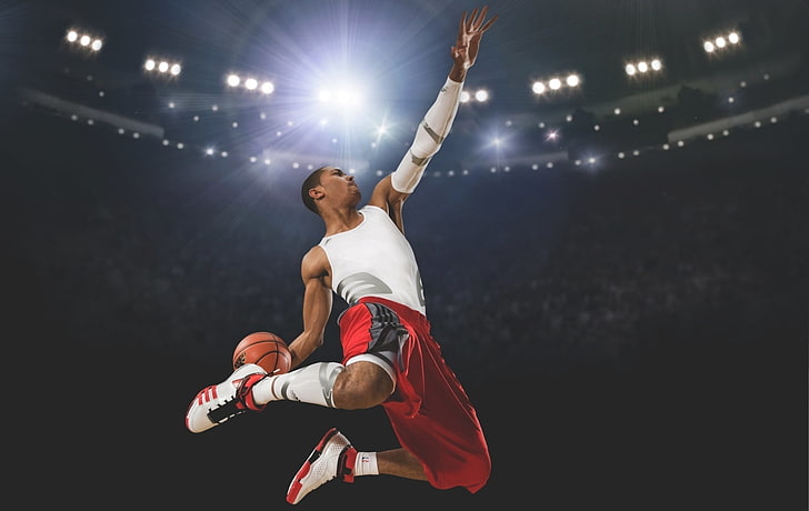 Derrick Martell Rose, camiseta blanca de hombre y shorts rojos, deportes, baloncesto, americano, jugador, canasta, Fondo de pantalla HD