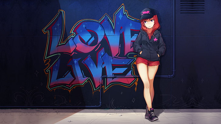 kvinna som bär huvtröja som lutar sig på kärlek live graffiti tapet, animeflickor, anime, Love Live !, graffiti, Nishikino Maki, HD tapet