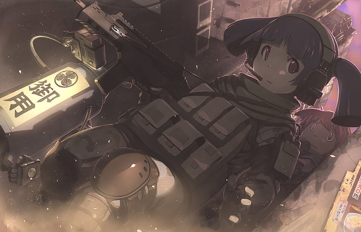 anime girl, military, soldier, moe, guns, scared expression, headphones, Anime, HD wallpaper