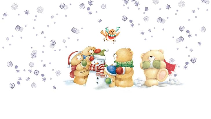 musim dingin, surat, kepingan salju, suasana hati, liburan, hadiah, seni, beruang, Tahun baru, manusia salju, berjalan, burung, anak-anak, minimalis, Forever Friends Deckchair bear, Wallpaper HD
