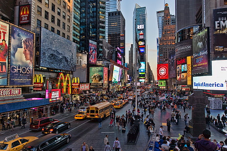 желтый автобус, Нью-Йорк, пик, Таймс-сквер, США, HD обои HD wallpaper