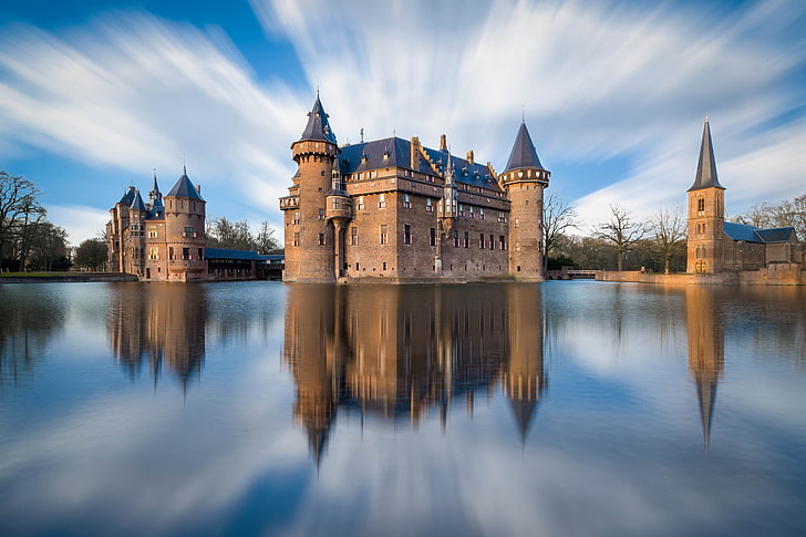 серый и синий замок, небо, облака, город, отражение, река, замок, нидерланды, де хаар, утрехт, HD обои