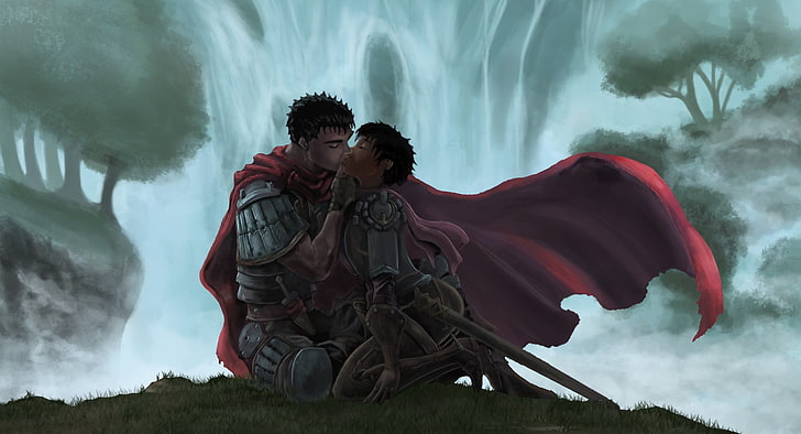 dua pria dan wanita ksatria saling berciuman, Berserk, Nyali, Casca, seni fantasi, berciuman, Wallpaper HD