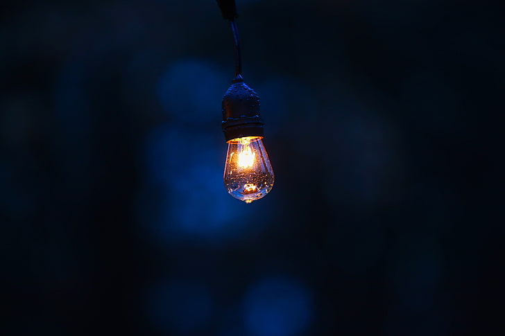 light bulb, lamp, lighting, drops, dark background, HD wallpaper