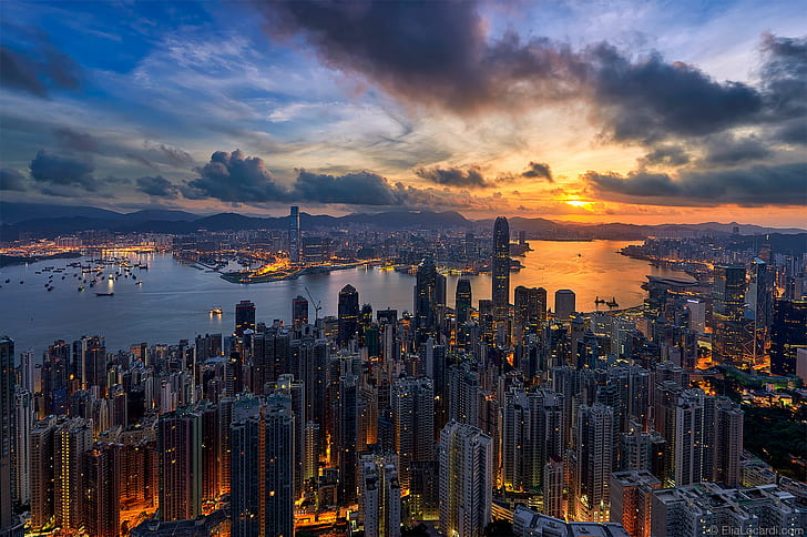 город, закат, городской пейзаж, небо, солнечный свет, облака, Гонконг, HD обои